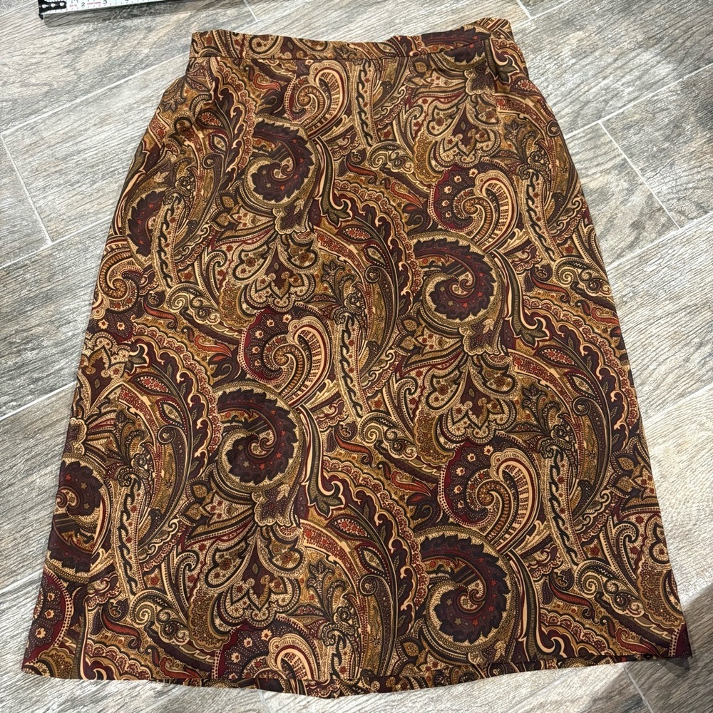 Vtg Casual Corner 100% Silk Paisley Skirt Brown Red Beige Sz 12 Boho Classic